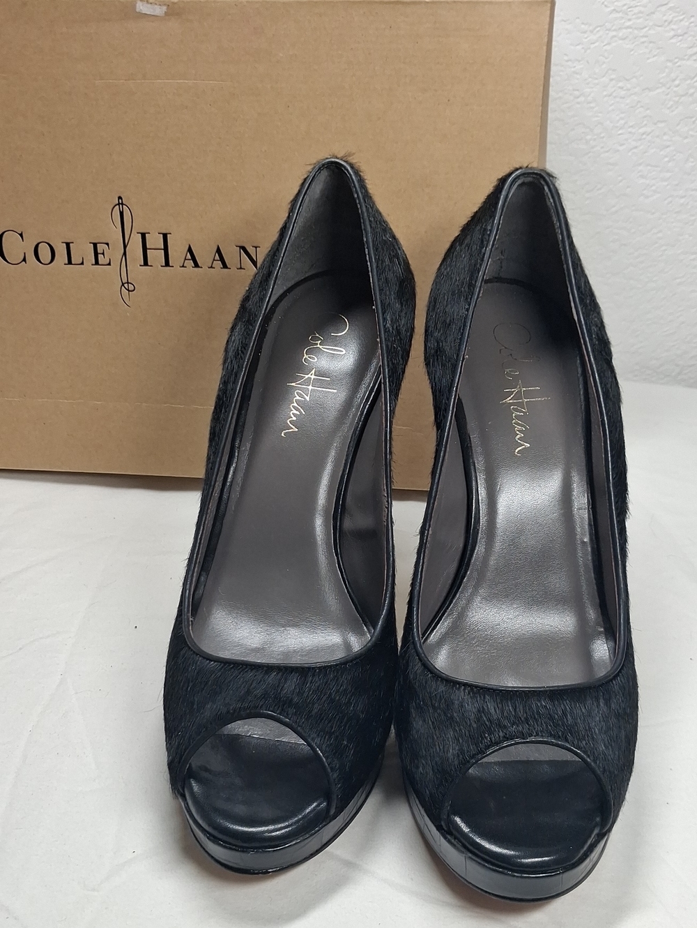 Cole Haan Black Pony Hair Peep-Toe Heels